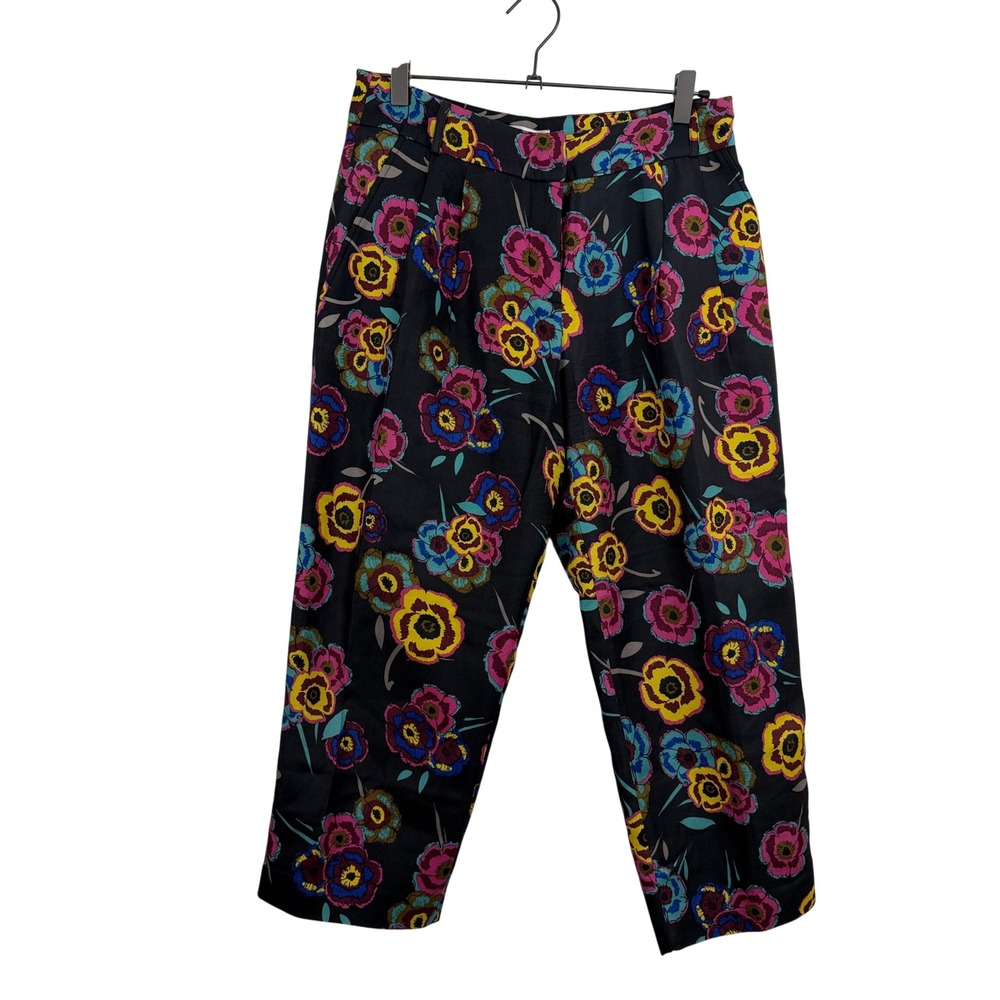 Corey Lynn Calter Pants Womens 6 Black Floral Print Silk Wool Pleated Cropped